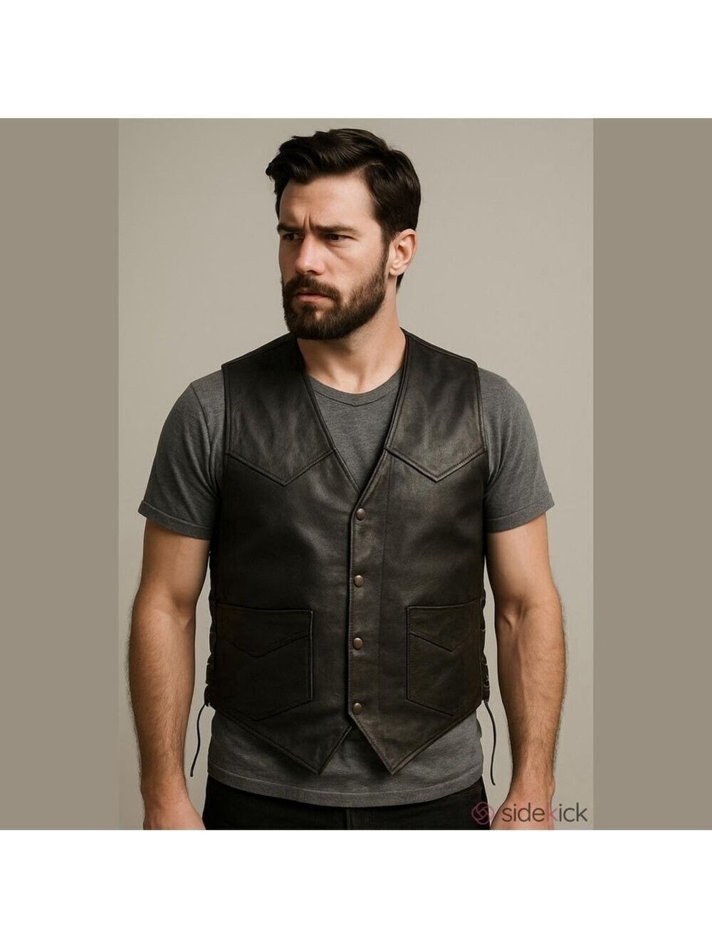 SHAF Black Leather Vest Size 54 Lace Up Sides Motorcycle Biker
